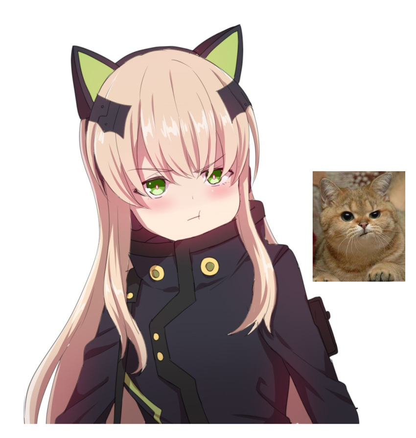 1girl :t blonde_hair blush cat cat_ear_headphones girls_frontline green_eyes hayarob headphones long_hair parody pout reference_photo reference_photo_inset solo tmp_(girls_frontline) upper_body white_background