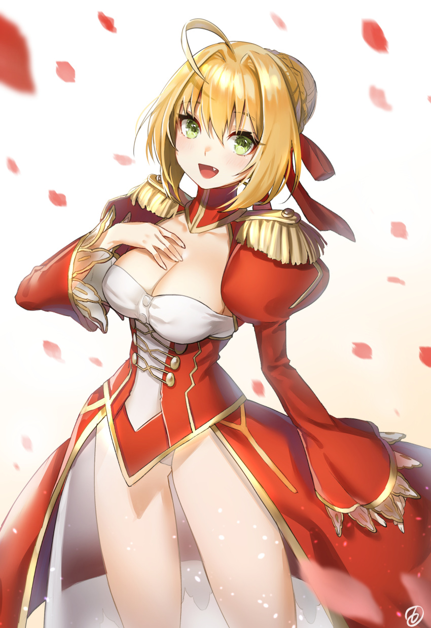 1girl :d absurdres ahoge bangs blonde_hair blurry blush braid breasts buttons cleavage collarbone commentary_request depth_of_field dress epaulettes eyebrows_visible_through_hair fang fate/extra fate_(series) feet_out_of_frame french_braid gold_trim green_eyes hair_between_eyes hair_bun hair_intakes hair_ribbon hand_on_own_chest hieung highres juliet_sleeves large_breasts leotard long_legs long_sleeves looking_at_viewer motion_blur nero_claudius_(fate) nero_claudius_(fate)_(all) open_mouth petals puffy_sleeves red_dress red_ribbon ribbon see-through sidelocks signature smile solo standing thighs white_leotard