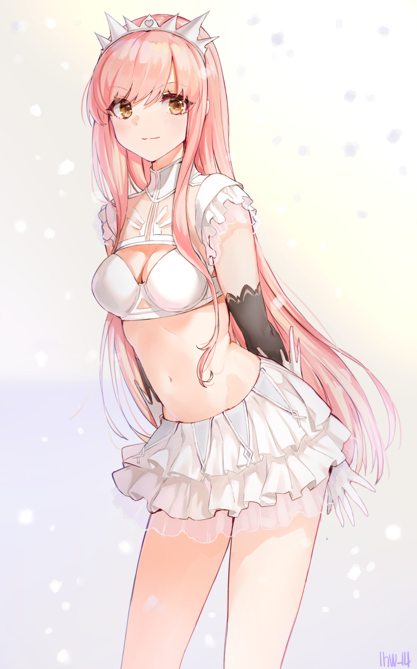 1girl :3 absurdres arms_behind_back bangs black_gloves blush bra breasts cleavage closed_mouth commentary_request elbow_gloves eyebrows_visible_through_hair fate/grand_order fate_(series) feet_out_of_frame frilled_skirt frills gloves heart hieung highres long_hair looking_at_viewer medb_(fate)_(all) medb_(fate/grand_order) medium_breasts midriff miniskirt navel pink_hair skirt smile solo standing stomach thighs tiara underwear white_bra white_gloves white_skirt yellow_eyes