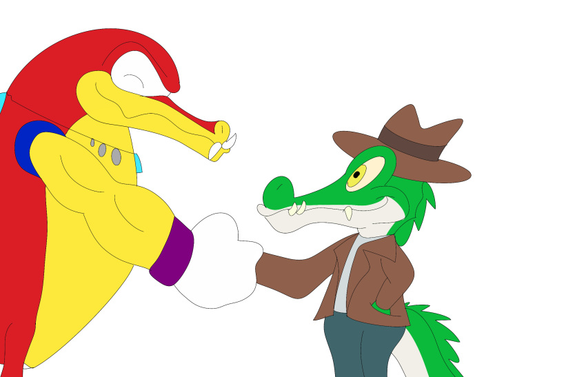 alligator alligatorid anthro blaster_(jollyville) clothed clothing cregon crocodile crocodilian crocodylid duo fedora fully_clothed gesture handshake hat headgear headwear hi_res jollyville male muscular reptile scalie smile