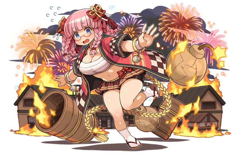 1girl barrel blue_eyes bracelet braid breasts cleavage eyebrows_visible_through_hair fire fireworks fullbokko_heroes hair_rings jewelry large_breasts leg_up long_hair navel official_art open_mouth outstretched_arms pink_hair pleated_skirt red-framed_eyewear sandals semi-rimless_eyewear shigatake skirt solo spread_arms under-rim_eyewear