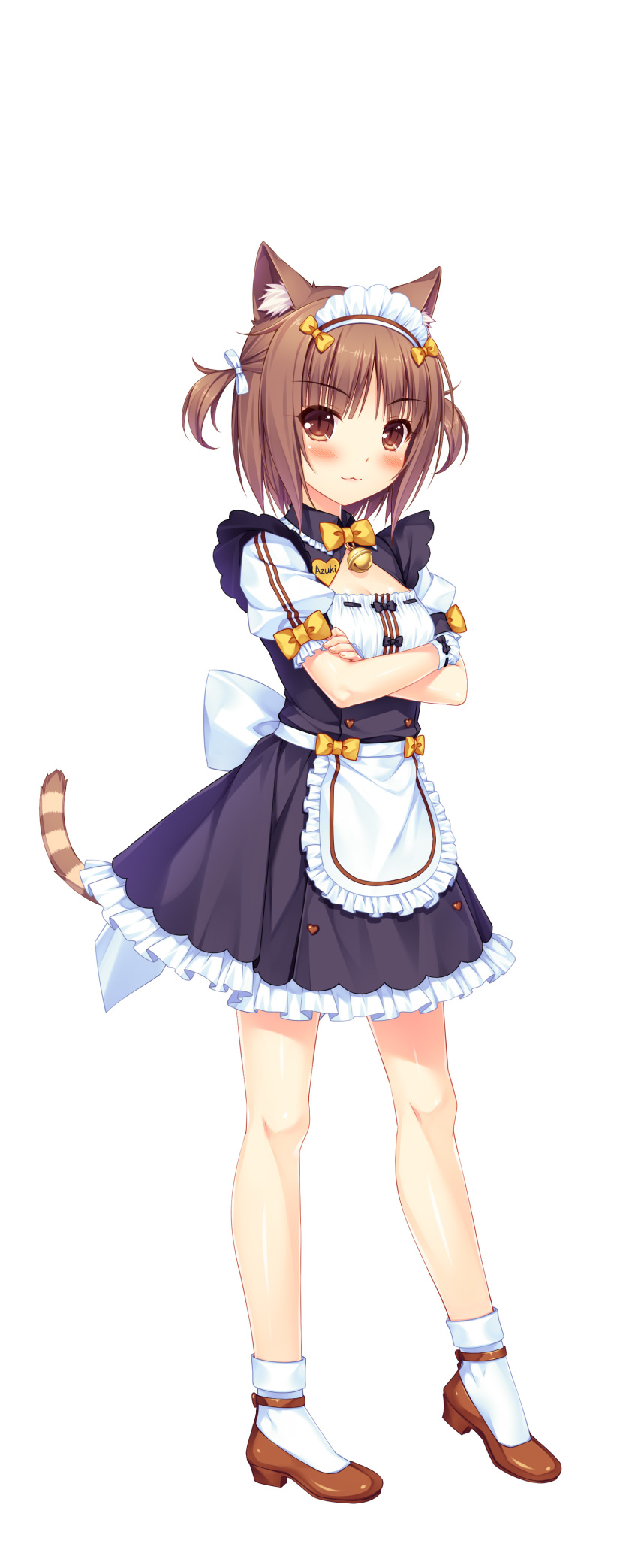 1girl :3 absurdres animal_ear_fluff animal_ears apron azuki_(sayori) bell blush brown_eyes brown_footwear brown_hair cat_ears cat_tail character_name crossed_arms eyebrows_visible_through_hair full_body heel_raised highres looking_at_viewer maid maid_headdress mary_janes name_tag nekopara sayori shoes short_hair short_sleeves solo standing striped_tail tail two_side_up waist_apron wrist_cuffs