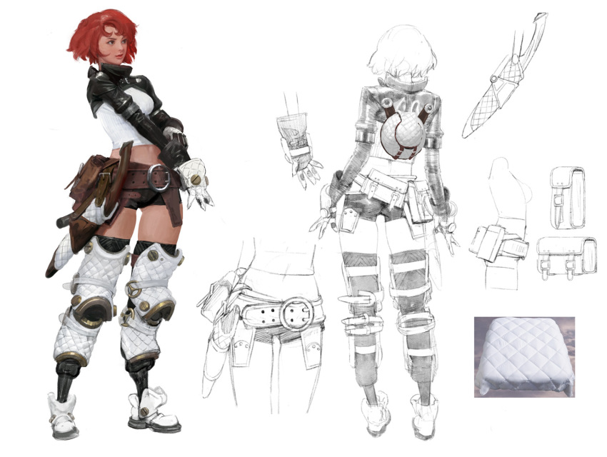 1girl belt belt_pouch breasts brown_eyes gloves highres hunting_era knife long_sleeves midriff multiple_views padded_armor padded_gloves pouch red_hair sangsoo_jeong sheath short_hair short_shorts shorts simple_background sketch small_breasts standing thighhighs white_background white_footwear white_gloves