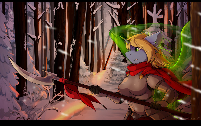 anthro armor clothed clothing equid female forest hakkids2 hi_res horn mammal melee_weapon outside polearm snow solo spear standing tree weapon winged_unicorn wings