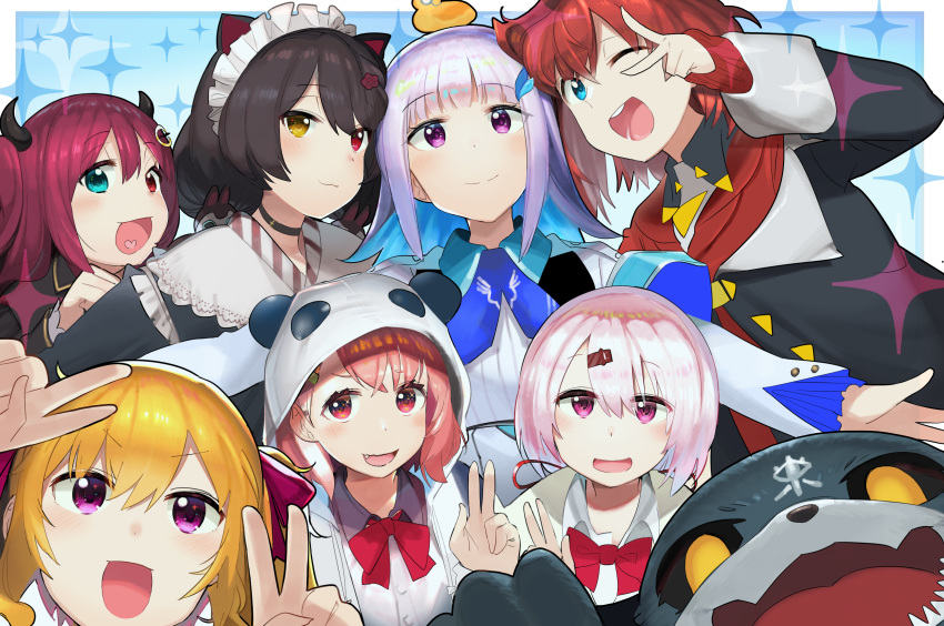 6+girls :d ;d ange_katrina animal animal_ears arms_up bangs bird black_hair black_jacket black_kimono blonde_hair blue_background blue_eyes bow brown_hair closed_mouth collared_shirt commentary_request debidebi_debiru demon demon_horns dress_shirt duck eyebrows_visible_through_hair fang hair_between_eyes hair_bow hand_up heart heart_in_mouth heterochromia highres hood hood_up hooded_jacket horns inui_toko jacket japanese_clothes kasa_list kimono lize_helesta maid_headdress monocle multiple_girls nijisanji one_eye_closed open_clothes open_jacket open_mouth outstretched_arms panda_ears panda_hood pink_hair purple_bow purple_eyes red_eyes round_teeth sasaki_saku shiina_yuika shirt sidelocks sleeves_past_wrists smile sparkle_background takamiya_rion teeth two-tone_background upper_teeth v v_over_eye white_background white_jacket white_shirt yellow_eyes