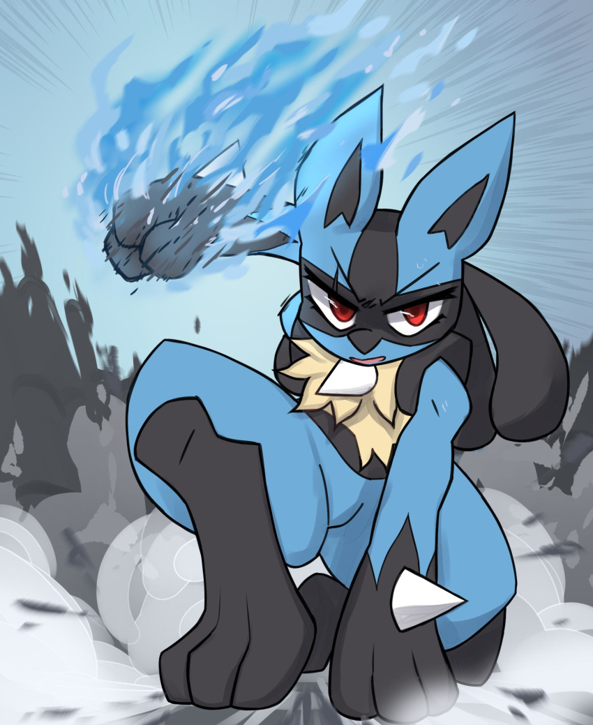 3_fingers ambiguous_gender angry aura biped canid canine digital_media_(artwork) feral fingers fire hi_res kneeling looking_at_viewer loppifi lucario mammal nintendo open_mouth pok&eacute;mon pok&eacute;mon_(species) punch red_eyes smoke solo video_games