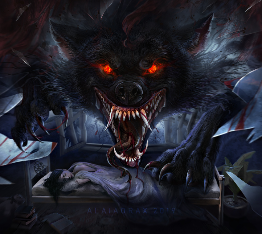 alaiaorax black_fur black_hair black_nose blood bodily_fluids canid canine canis claws digital_media_(artwork) feral fur hair hi_res human looking_at_viewer mammal open_mouth teeth tongue wolf
