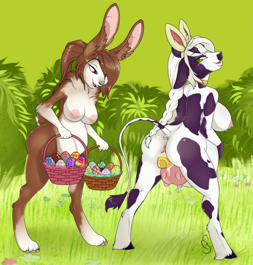 anthro anus basket belly big_belly big_breasts bodily_fluids bovid bovine braided_hair breasts buckteeth butt cattle collar digitigrade easter easter_egg egg eyelashes female genital_fluids hair half-closed_eyes hi_res holidays hooves lactating lagomorph leporid long_ears long_hair mammal milk milk-jug nipples nude oviposition pregnant pussy pussy_juice rabbit standing teats teeth udders