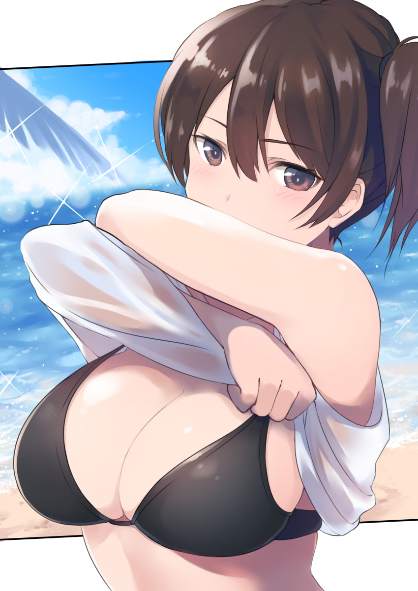 1girl absurdres bare_shoulders beach bikini black_bikini blush breasts brown_eyes brown_hair cleavage covered_mouth day dyson_(edaokunnsaikouya) glint hair_between_eyes highres kaga_(kantai_collection) kantai_collection large_breasts lifted_by_self looking_at_viewer outdoors outside_border shiny shiny_hair shirt shirt_lift side_ponytail solo strap_gap swimsuit undressing upper_body white_shirt