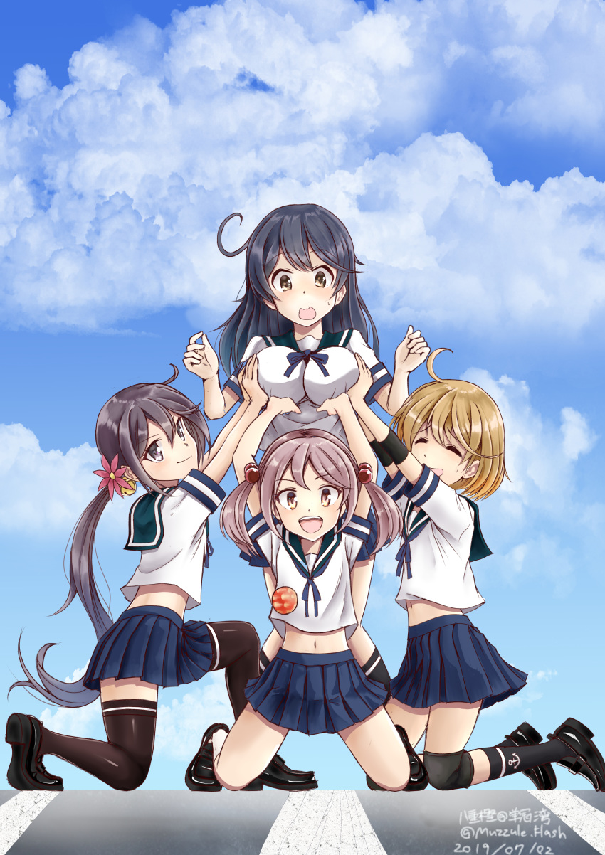 4girls :d absurdres ahoge akebono_(kantai_collection) badge bell black_footwear black_hair black_legwear blue_skirt blue_sky breast_lift breasts brown_hair closed_eyes commentary_request dated day flower hair_bell hair_bobbles hair_flower hair_ornament highres jingle_bell kantai_collection knee_pads kneehighs large_breasts loafers long_hair looking_at_viewer midriff multiple_girls muzzuleflash navel oboro_(kantai_collection) open_mouth pink_eyes pink_hair pleated_skirt purple_eyes purple_hair sazanami_(kantai_collection) school_uniform serafuku shoes short_hair short_sleeves side_ponytail skirt sky smile thighhighs twintails twitter_username ushio_(kantai_collection) very_long_hair yellow_eyes