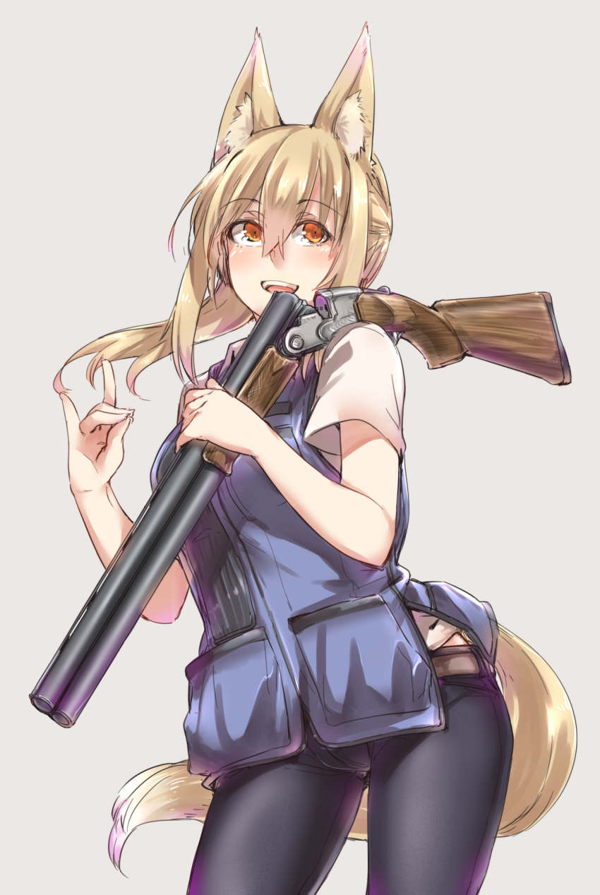 2017 animal_humanoid ayyh15 belt blonde_hair breasts canid canid_humanoid canine canine_humanoid clothed clothing female fluffy fluffy_tail fox_humanoid fur grey_background gun hair hi_res holding_object holding_weapon humanoid inner_ear_fluff kitsune_sign mammal mammal_humanoid open_mouth orange_eyes portrait ranged_weapon shotgun simple_background solo standing tan_fur three-quarter_portrait translucent translucent_hair weapon