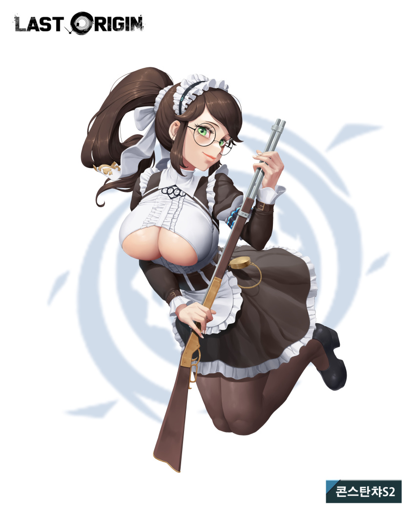 1girl absurdres apron bangs belt black_dress black_footwear bow breasts brown_hair brown_legwear calligraphy_brush_(medium) center_frills center_opening constantia_s2 copyright_name dress full_body glasses green_eyes gun hair_bow highres holding holding_weapon jumping large_breasts last_origin light_smile lips long_hair long_sleeves looking_at_viewer maid maid_apron maid_headdress moonlit pantyhose pocket_watch ponytail puffy_long_sleeves puffy_sleeves rifle shoes swept_bangs underboob underboob_cutout watch weapon white_bow white_nails