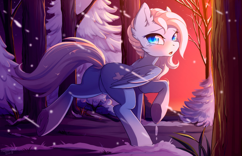 absurd_res blush cutie_mark equid equine fan_character feathered_wings feathers featureless_crotch female feral forest friendship_is_magic hakkids2 hi_res looking_back mammal my_little_pony open_mouth outside pterippus snow solo tree wings
