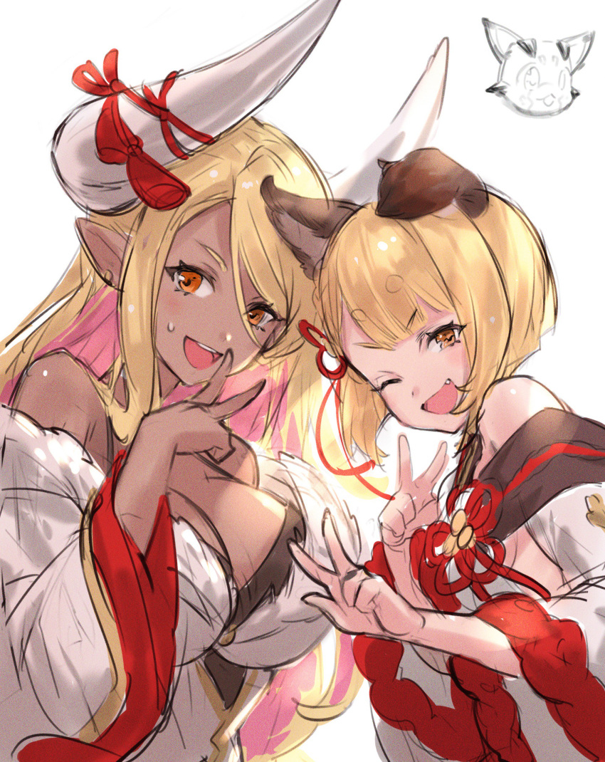 absurdres animal_ears bangs bare_shoulders blonde_hair braid breasts dark_skin detached_sleeves dog_ears draph fang granblue_fantasy highres honyaru_(nanairo39) horns japanese_clothes kuvira_(granblue_fantasy) large_breasts long_hair one_eye_closed open_mouth pointy_ears rope shimenawa short_hair sketch smile upper_body vajra_(granblue_fantasy)