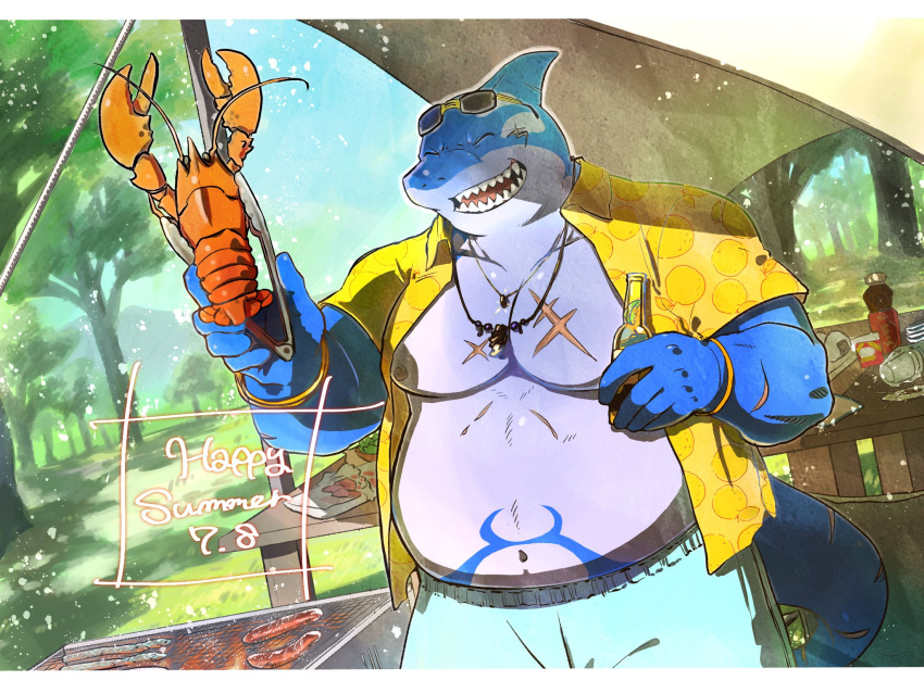 2019 4:3 5_fingers anthro arthropod beverage blue_sky cetacean clothing crustacean delphinoid detailed_background eyewear feral fingers fish food grill hi_res hot_dog hybrid lobster male mammal marine meat musclegut muscular muscular_male navel oceanic_dolphin open_mouth open_smile orca pecs riceball sayokokoshi scar shark sharp_teeth sky smile solo sunglasses swimming_trunks swimwear table teeth tokyo_afterschool_summoners tongue toothed_whale typhon video_games