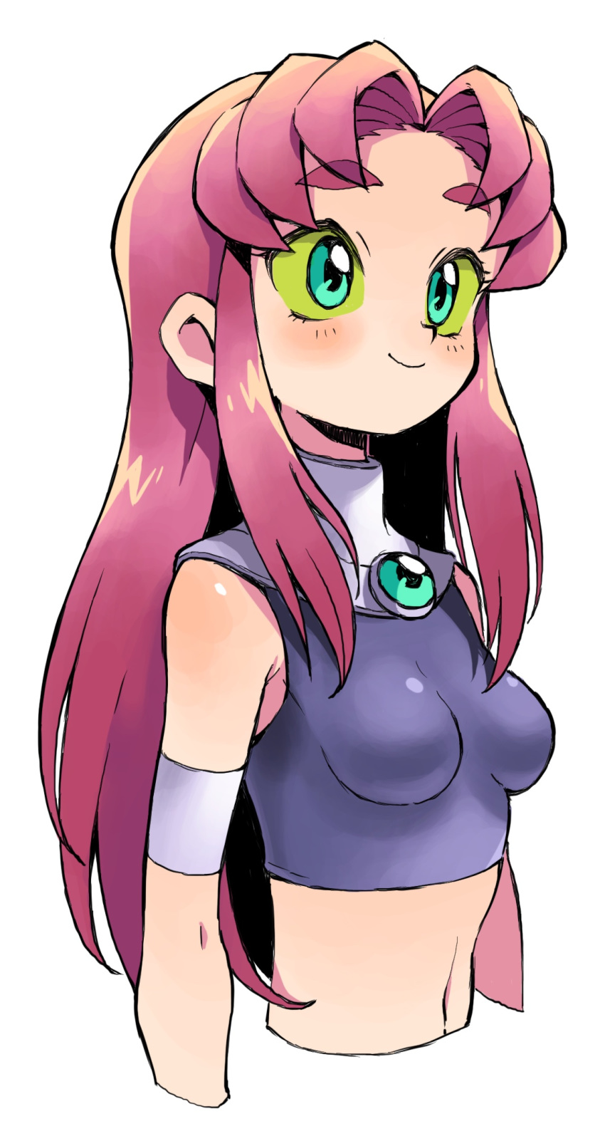 1girl aqua_eyes armband bangs bare_shoulders blush breasts cropped_torso gem green_sclera highres long_hair midriff navel oyatsu_(mk2) parted_bangs red_hair simple_background sleeveless small_breasts smile solo starfire teen_titans thick_eyebrows white_background