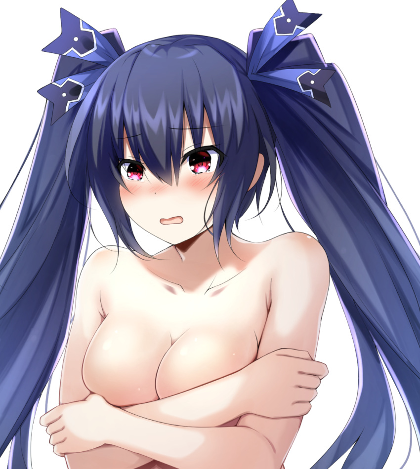 1girl black_hair blue_ribbon blush breasts covering covering_breasts crossed_arms doria_(5073726) embarrassed hair_ribbon highres long_hair looking_at_viewer medium_breasts neptune_(series) noire open_mouth red_eyes ribbon solo tearing_up twintails upper_body