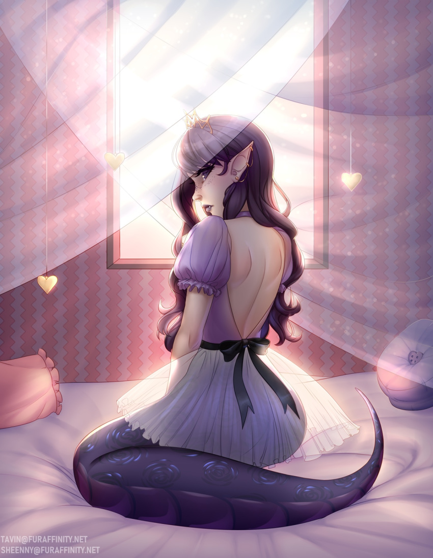 animal_humanoid clothed clothing detailed_background ear_piercing ear_ring female hair hi_res humanoid lamia piercing purple_eyes purple_hair reptile reptile_humanoid scalie scalie_humanoid sheenny snake snake_humanoid solo