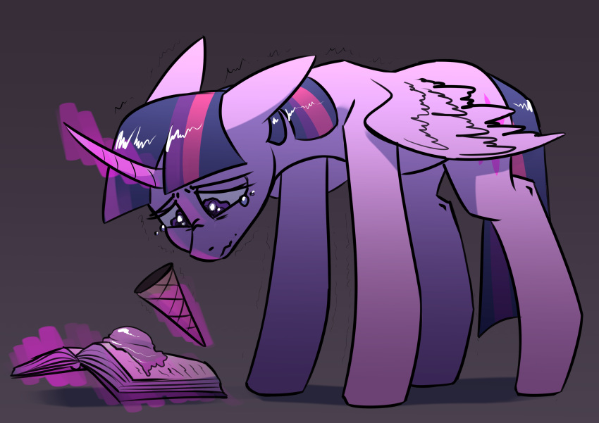 absurd_res bodily_fluids book dessert equid food friendship_is_magic hi_res horn ice_cream mammal my_little_pony sad shaking tears trembling twilight_sparkle_(mlp) underpable upset winged_unicorn wings