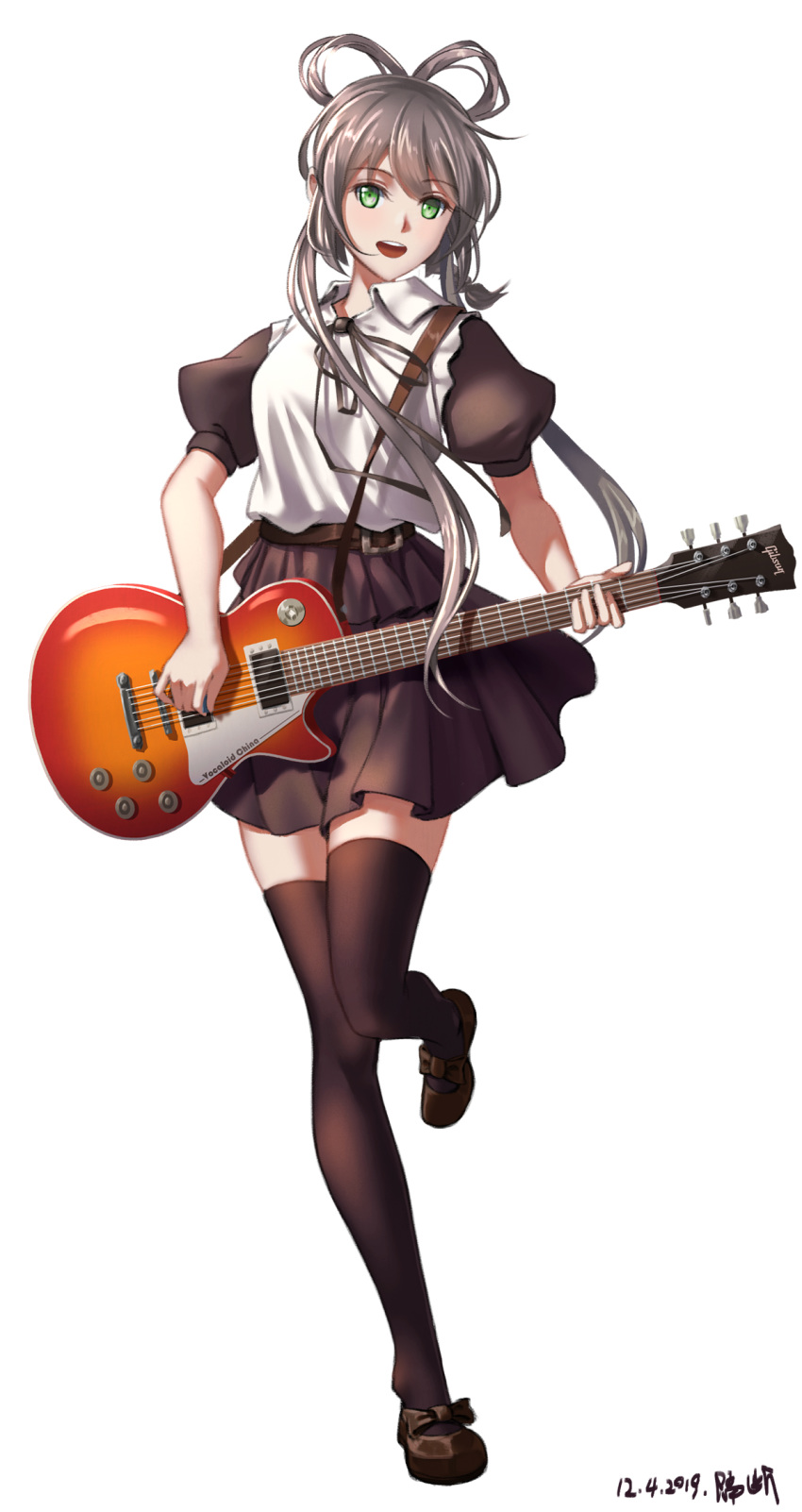 1girl :d bangs black_footwear black_legwear black_ribbon black_skirt black_sleeves brown_hair collared_shirt dated eyebrows_visible_through_hair floating_hair full_body geduan green_eyes guitar highres holding holding_instrument instrument loafers long_hair looking_at_viewer luo_tianyi miniskirt neck_ribbon open_mouth pleated_skirt ribbon shirt shoes short_sleeves simple_background skirt smile solo standing thighhighs tied_hair very_long_hair vocaloid vocanese white_background white_shirt wing_collar zettai_ryouiki
