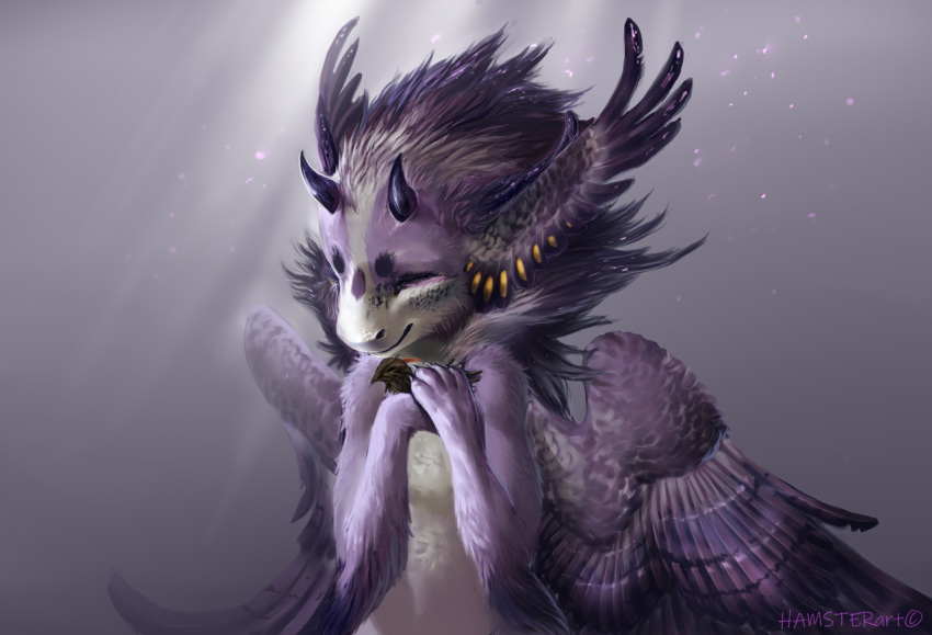 2019 ambiguous_gender anthro avian biped bird black_feathers digital_media_(artwork) dragon duo eyes_closed feathered_dragon feathered_wings feathers feral hamsterart5 horn larger_anthro larger_male male multicolored_feathers nude purple_feathers purple_horn size_difference smaller_ambiguous smaller_feral smile solo_focus two_tone_feathers white_feathers wings