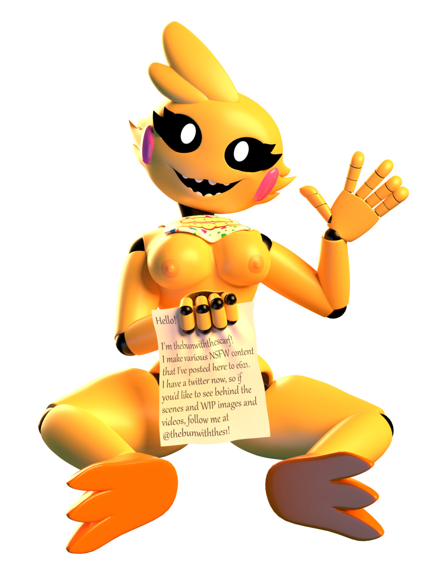 2019 3d_(artwork) animatronic anthro avian bird breasts covering covering_crotch digital_media_(artwork) female five_nights_at_freddy's five_nights_at_freddy's_2 hi_res looking_at_viewer machine nipples open_mouth robot smile solo teeth thebunwiththescarf toy_chica_(fnaf) video_games