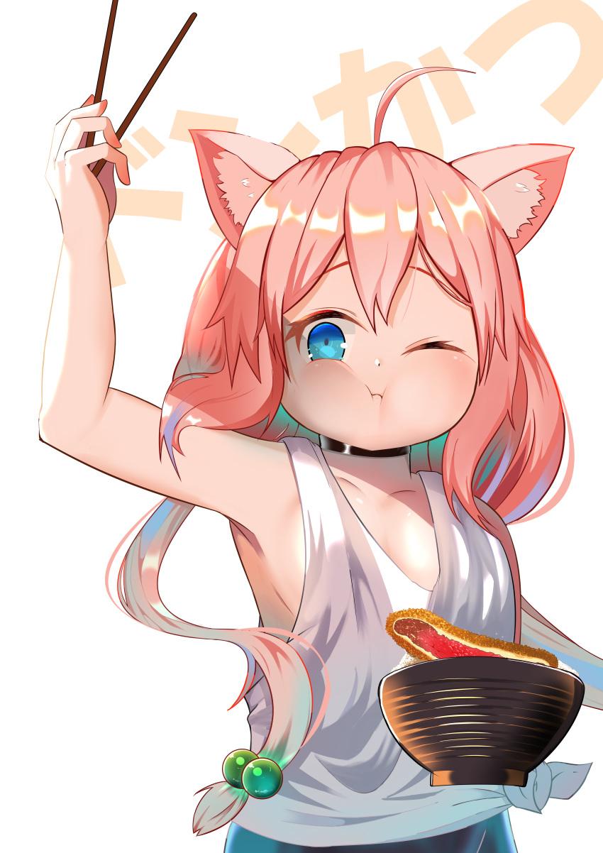 absurdres ahoge animal_ears arm_up black_choker blue_eyes bow breasts cat_ears choker chopsticks eating hair_bobbles hair_ornament highres hinata_channel invisible_object katsudon_(food) long_hair nekomiya_hinata one_eye_closed pink_hair shadow shiro4862 shirt sleeveless sleeveless_shirt small_breasts standing white_shirt