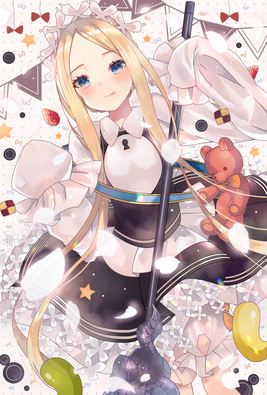1girl abigail_williams_(fate/grand_order) aoi_yugina bangs black_skirt blonde_hair blue_eyes blush braid breasts candy closed_mouth cookie dress fate/grand_order fate_(series) food forehead french_braid fruit highres jelly_bean keyhole long_hair long_sleeves looking_at_viewer maid_headdress parted_bangs petals sash sidelocks skirt sleeves_past_fingers sleeves_past_wrists small_breasts smile solo staff strawberry stuffed_animal stuffed_toy teddy_bear tongue tongue_out very_long_hair white_dress