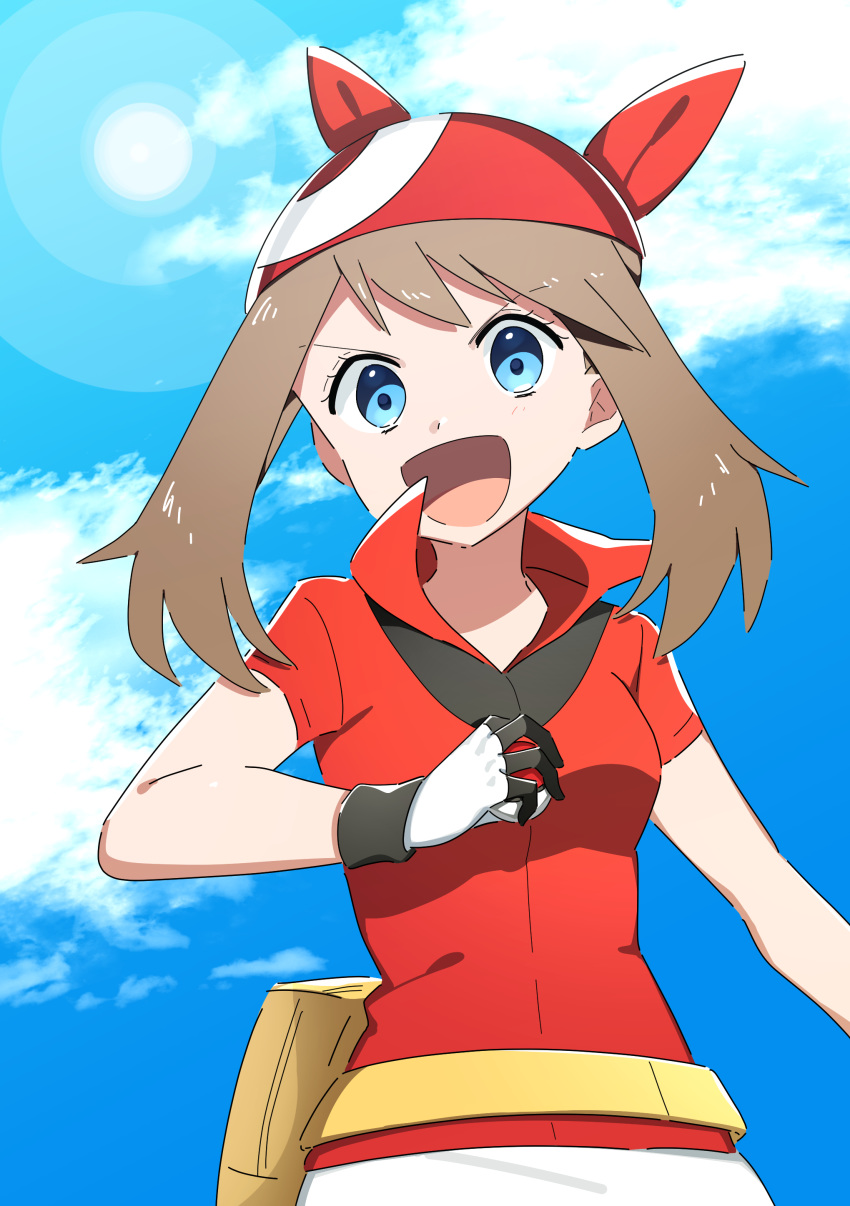 1girl :d absurdres blue_eyes blue_sky brown_hair cloud collared_jacket day gloves haruka_(pokemon) highres jacket lens_flare long_hair looking_at_viewer open_mouth outdoors pokemon pokemon_(game) pokemon_rse red_bandana red_jacket short_sleeves sky smile solo upper_body v-shaped_eyebrows wing_collar yuihiko