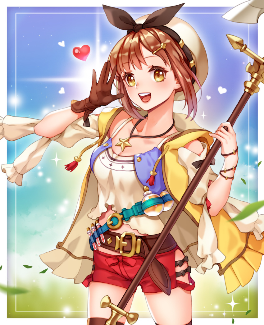 1girl :d arms_up atelier_(series) atelier_ryza bandolier bangs belt belt_buckle blue_sky blurry bracelet breasts brown_gloves brown_hair brown_legwear buckle cloak commentary_request contrapposto cowboy_shot crop_top day depth_of_field detached_sleeves eyebrows_visible_through_hair gloves hair_ornament hairclip hat hat_ribbon heart highres hip_vent holding holding_staff hood hood_down jewelry kostop leaf necklace open_cloak open_clothes open_hand open_mouth outdoors red_shorts reisalin_stout ribbon shirt short_hair short_shorts shorts sky small_breasts smile solo staff star star_necklace sun test_tube thighhighs upper_teeth white_headwear white_shirt yellow_cloak yellow_eyes