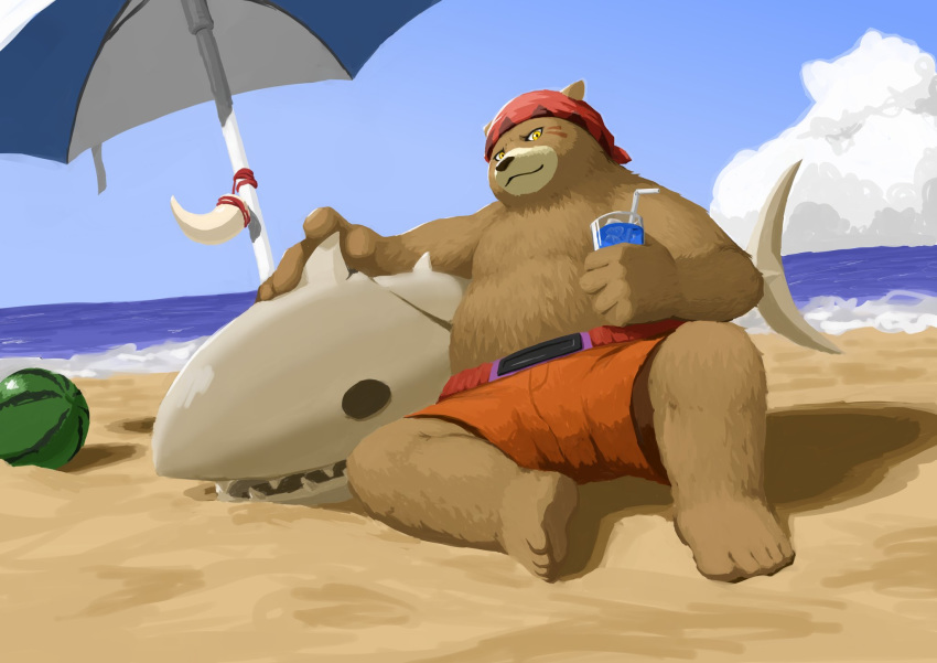 2019 anthro barontoko beach belly bottomwear brown_fur clothing dagger_(sdorica_sunset) fur hi_res humanoid_hands male mammal overweight overweight_male sdorica_sunset seaside shorts sitting solo ursid water