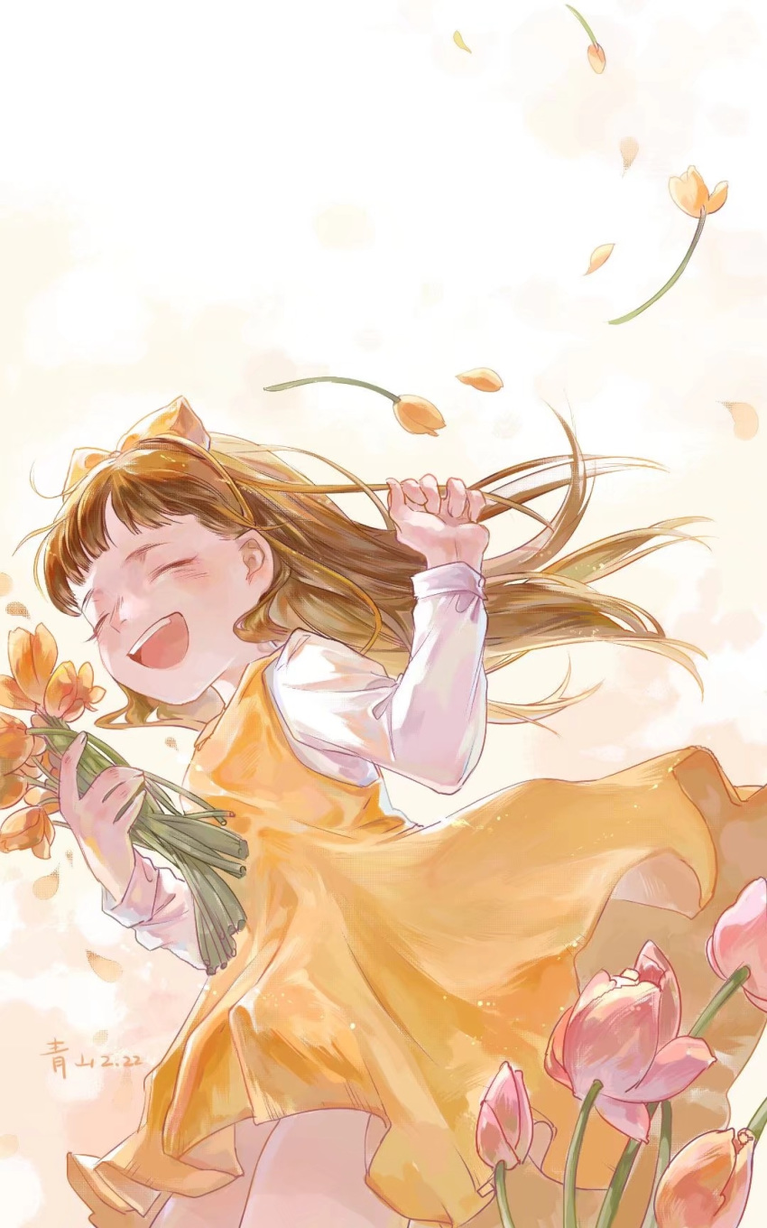 1girl :d bangs bouquet bow child closed_eyes dated devotion dress du_meishin flower hair_bow hand_up highres jingyiyeshan long_hair long_sleeves open_mouth petals shirt simple_background sleeveless sleeveless_dress smile solo standing white_background white_shirt wind yellow_bow yellow_dress