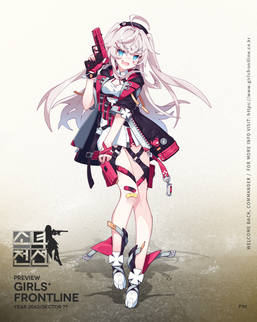 :d ahoge bandaid bandaid_on_knee bangs beret boot_straps boots breasts character_name cleavage coat dress eyebrows_visible_through_hair facial_mark fangs fingerless_gloves floating_hair full_body girls_frontline gloves grey_hair gun h&amp;k_p30 hair_ornament hairclip handgun hat heart heckler_&amp;_koch highres holding holding_gun holding_weapon holster hood hood_down hooded_coat litsvn medium_breasts multiple_straps official_art open_clothes open_coat open_mouth p30_(girls_frontline) pink_gloves short_dress sidelocks single_glove smile standing thigh_holster thigh_strap thighs trigger_discipline two_side_up weapon white_footwear
