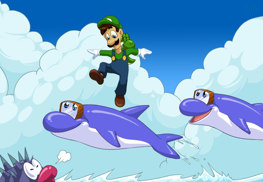 blue_skin brown_hair cetacean clothing cloud delphinoid dolphin_(mario) eyes_closed facial_hair green_skin hair hat headgear headwear jenbe luigi mammal marine mario_bros mustache nintendo porcupuffer purple_skin sky toothed_whale video_games white_skin yoshi