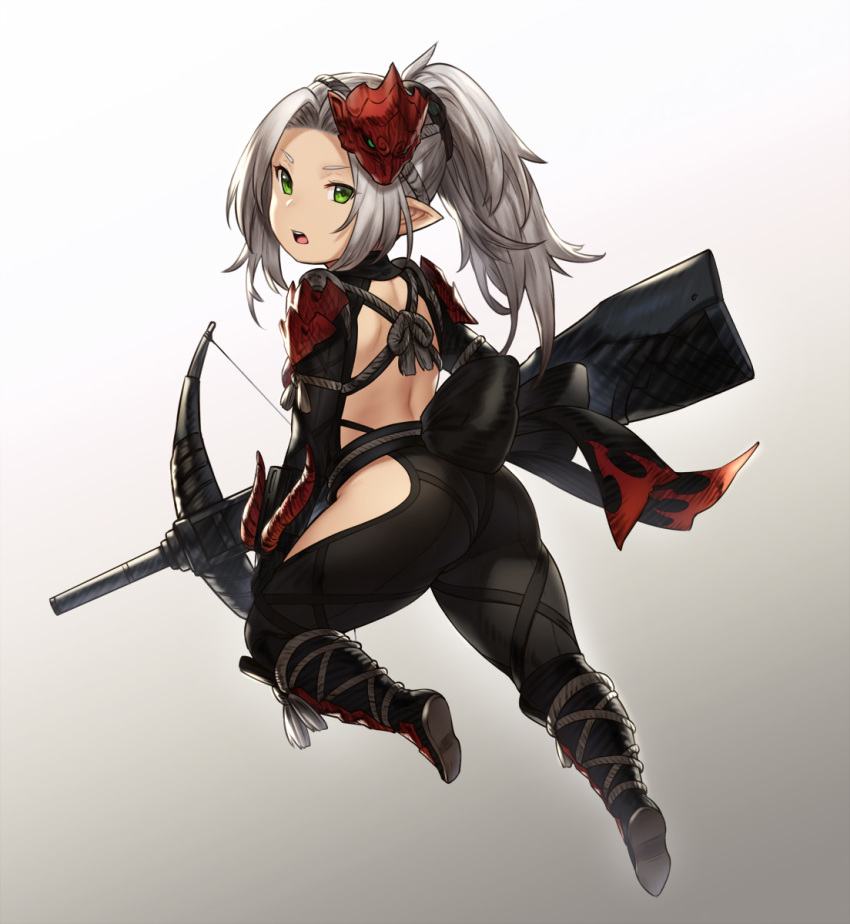1girl backless_outfit black_sash boots bow_(weapon) crossbow from_behind full_body gradient gradient_background green_eyes grey_background grey_hair hair_intakes highres hip_vent houtengeki long_hair looking_at_viewer looking_back mask mask_on_head monster_hunter odogaron_(armor) open_mouth petite ponytail sash shoulder_blades simple_background solo v-shaped_eyebrows weapon