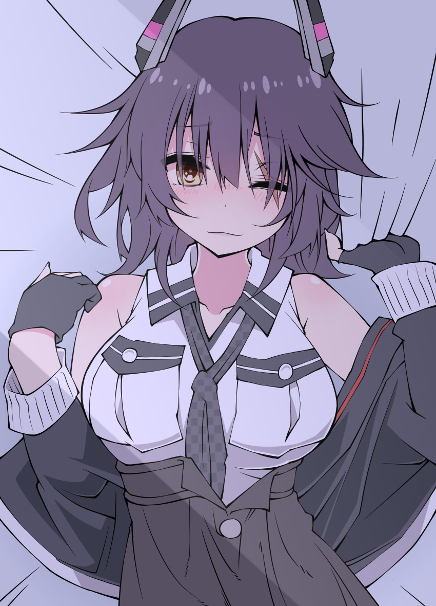 1girl absurdres bangs bed bed_sheet black_gloves blush breast_pocket breasts checkered checkered_neckwear eyebrows_visible_through_hair fingerless_gloves gloves hair_between_eyes headgear highres jacket kantai_collection long_hair lying messy_hair necktie no_eyepatch one_eye_closed pocket purple_hair remodel_(kantai_collection) sakakiba_misogi scar scar_across_eye sheet_grab smile solo tenryuu_(kantai_collection) yellow_eyes