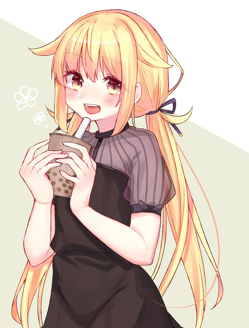 alternate_costume artist_request black_dress blonde_hair dress hair_flaps highres holding kantai_collection long_hair open_mouth satsuki_(kantai_collection) see-through sidelocks twintails two-tone_background yellow_eyes