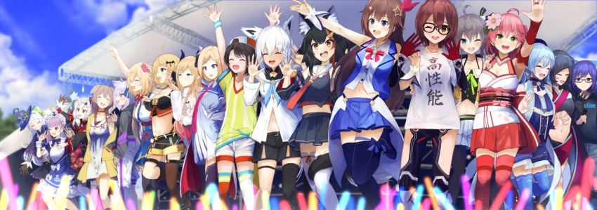 6+girls ahoge akai_haato aki_rosenthal anchor_symbol animal_ears armpits azki_(vsinger) backwards_hat bangs belt black_hair blue_eyes blue_hair blunt_bangs braid breasts brown_hair cat_ears closed_eyes dog_ears everyone flower fox_ears glasses glowstick green_eyes hair_ornament hairclip hat highres hololive horns hoshimachi_suisei inugami_korone konkito long_hair maid_headdress minato_aqua miniskirt multiple_girls murasaki_shion nakiri_ayame natsuiro_matsuri navel nekomata_okayu nontraditional_miko one_eye_closed ookami_mio oozora_subaru pink_hair purple_hair roboco-san sakura_miko shirakami_fubuki shirt skirt star tagme thighhighs thighs tied_hair tokino_sora virtual_youtuber waving white_hair witch_hat wolf_ears yozora_mel yuujin_a_(tokino_sora_channel) yuzuki_choco zettai_ryouiki