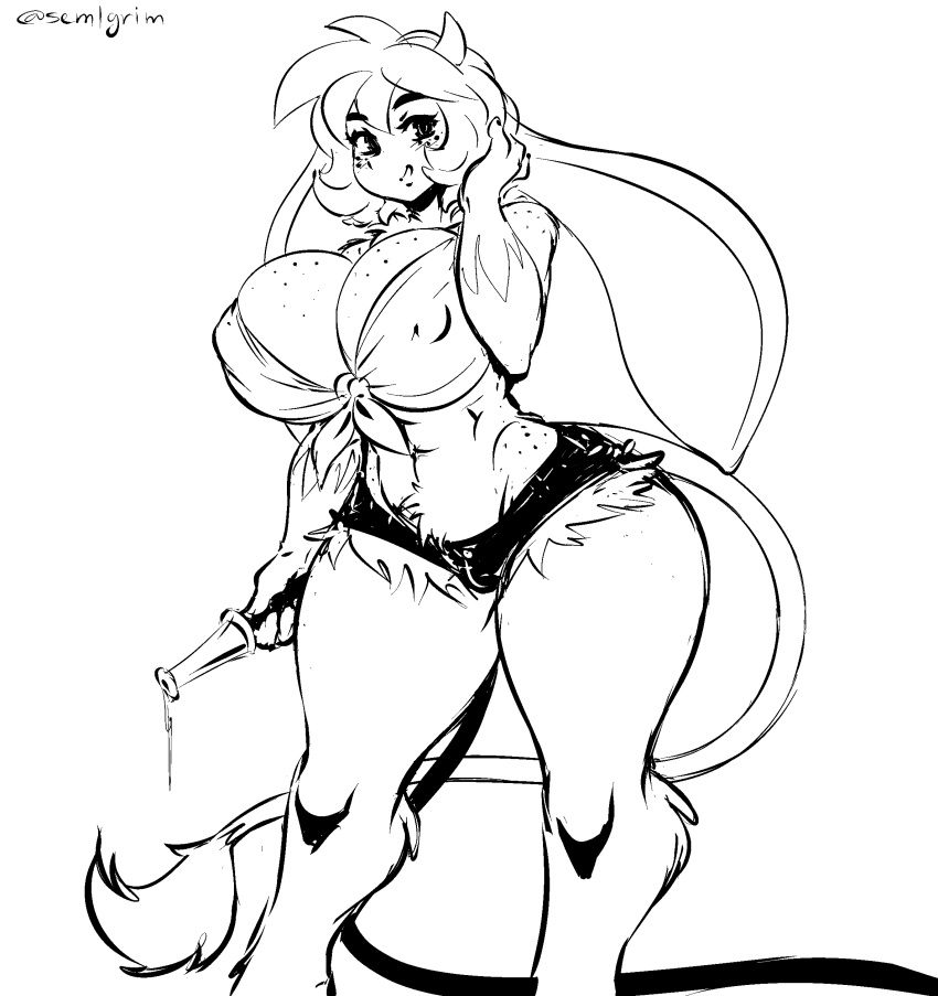 abs absurd_res anthro big_breasts big_ears bottomwear bovid bovine breasts cleavage clothed clothing cow_tail cutoffs denim denim_clothing denim_shorts female hair hi_res holding_object hose las_lindas mammal midriff monochrome mora_linda muscular muscular_female nipple_outline prime_(las_lindas) sem-l-grim short_hair shorts simple_background smile solo thick_thighs tied_shirt voluptuous webcomic white_background wide_hips