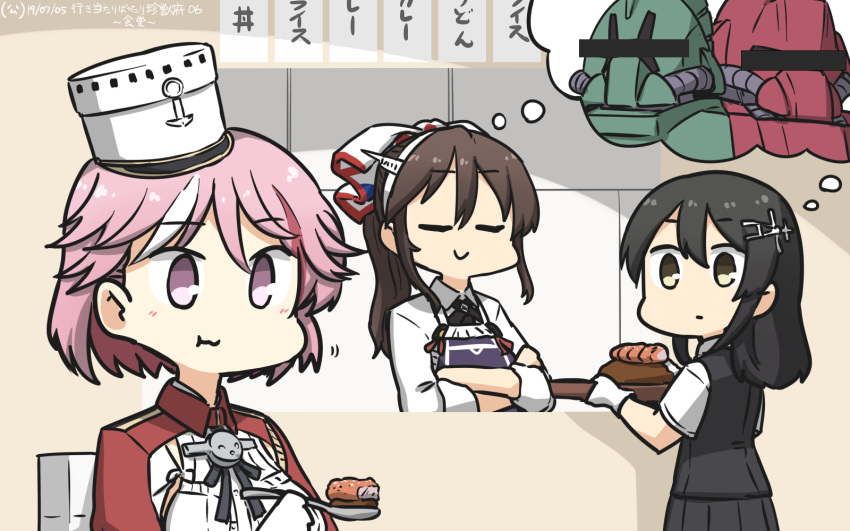 3girls ashigara_(kantai_collection) bar_censor black_hair black_skirt black_vest breasts brown_hair censored closed_eyes commentary crossed_arms curry dated food galbaldy_alpha galbaldy_beta giuseppe_garibaldi_(kantai_collection) gloves grey_eyes gundam hair_ornament hairband hairclip hamu_koutarou hat highres horned_headwear identity_censor kantai_collection long_hair medium_breasts multiple_girls oyashio_(kantai_collection) pink_eyes pink_hair pleated_skirt ponytail pun purple_apron red_shirt remodel_(kantai_collection) shared_thought_bubble shirt short_hair short_sleeves skirt thought_bubble vest white_gloves white_headwear white_shirt window zeta_gundam