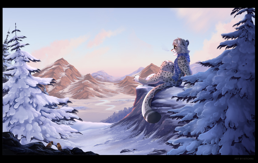 2019 blue_eyes day detailed_background digitigrade felid fur grey_hair hair hi_res kitchiki mammal outside pantherine sitting smile snow snow_leopard spots spotted_fur