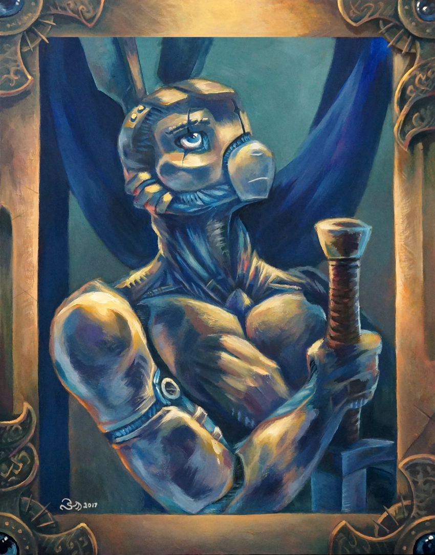2017 android anthro armor blue_body blue_eyes bust_portrait clothed clothing crossed_arms eye_scar hand_on_chest hi_res justice_(miwauturu) lagomorph leporid light lighting looking_up machine male mammal melee_weapon painting_(artwork) picture_frame portrait rabbit robot scar serious simple_background solo spiderdragon sword topless traditional_media_(artwork) weapon