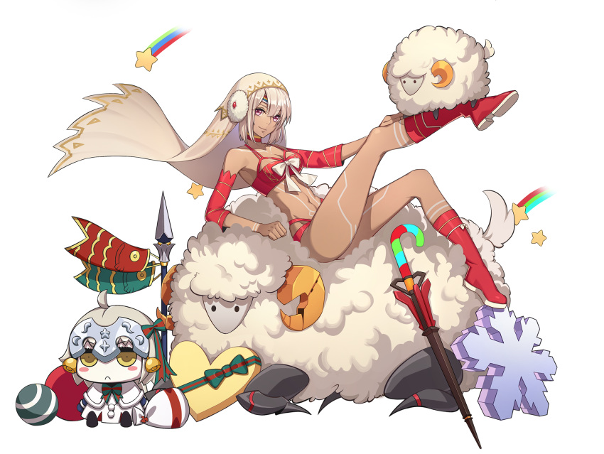 1girl altera_(fate) altera_the_santa bare_shoulders bikini blush boots bow breasts bubble1995 choker cleavage dark_skin dated detached_sleeves fate/grand_order fate_(series) full_body highres jeanne_d'arc_(fate)_(all) jeanne_d'arc_alter_santa_lily knee_boots long_sleeves looking_at_viewer medium_breasts red_bikini red_choker red_eyes red_footwear sheep short_hair silver_hair smile solo swimsuit tattoo veil white_bow