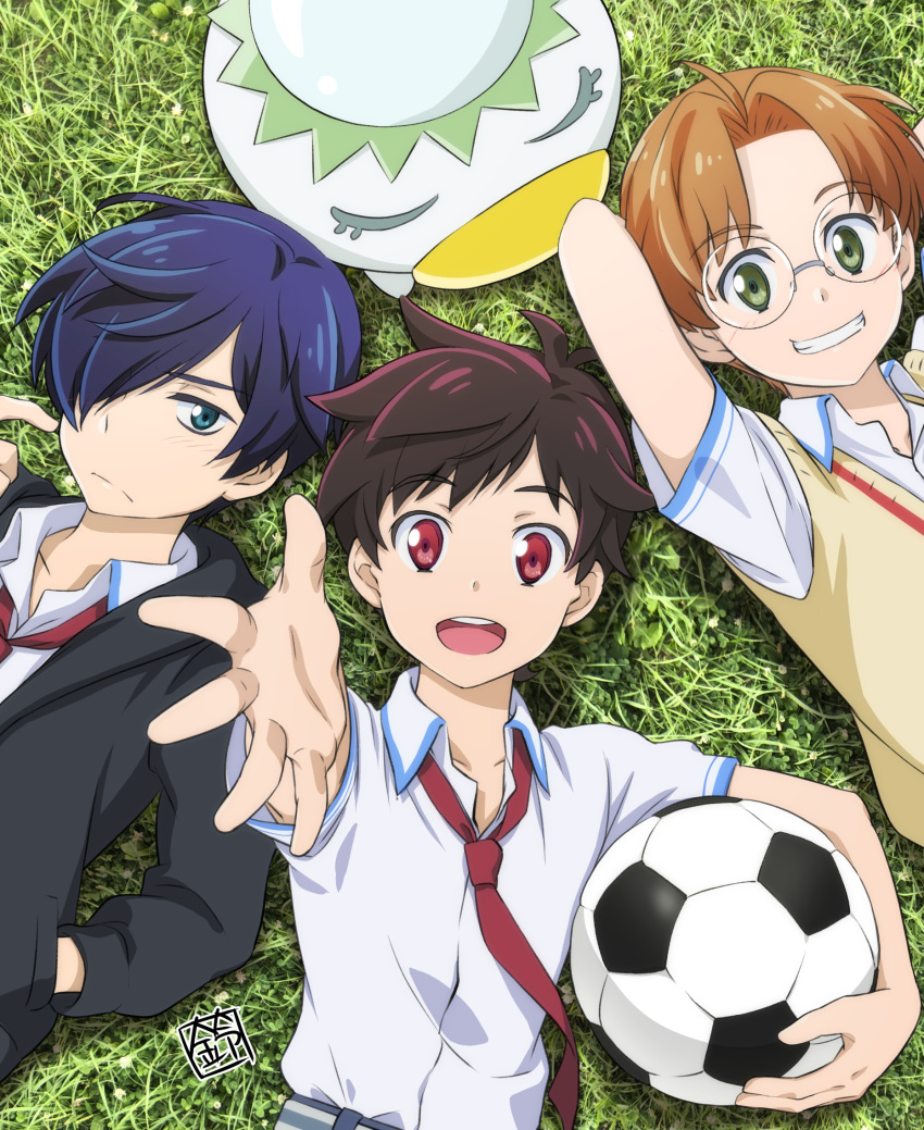 3boys ace_suzuki ball blue_eyes blue_hair brown_hair from_above glasses grass green_eyes grin hair_over_one_eye highres jinnai_enta kuji_toi looking_at_viewer multiple_boys necktie on_grass outstretched_hand purple_hair red_eyes round_eyewear sarazanmai school_uniform smile soccer_ball sweater_vest telstar yasaka_kazuki