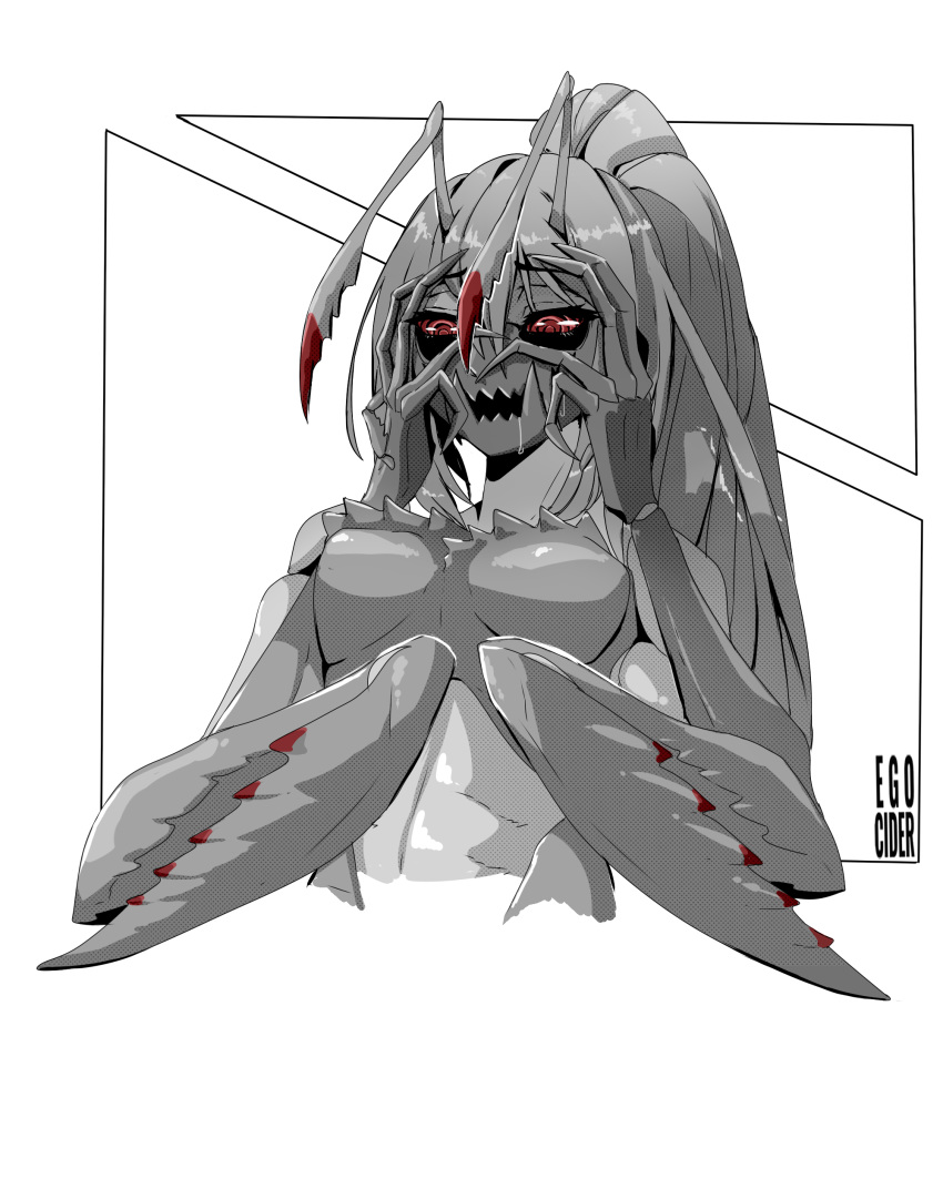 2019 5_fingers absurd_res animal_humanoid antennae_(anatomy) arthropod arthropod_humanoid bodily_fluids breasts egocider female fingers hair half-length_portrait hand_on_face hi_res humanoid insect insect_humanoid long_hair looking_at_viewer mantis mantis_humanoid open_mouth ponytail portrait red_eyes saliva simple_background solo white_background