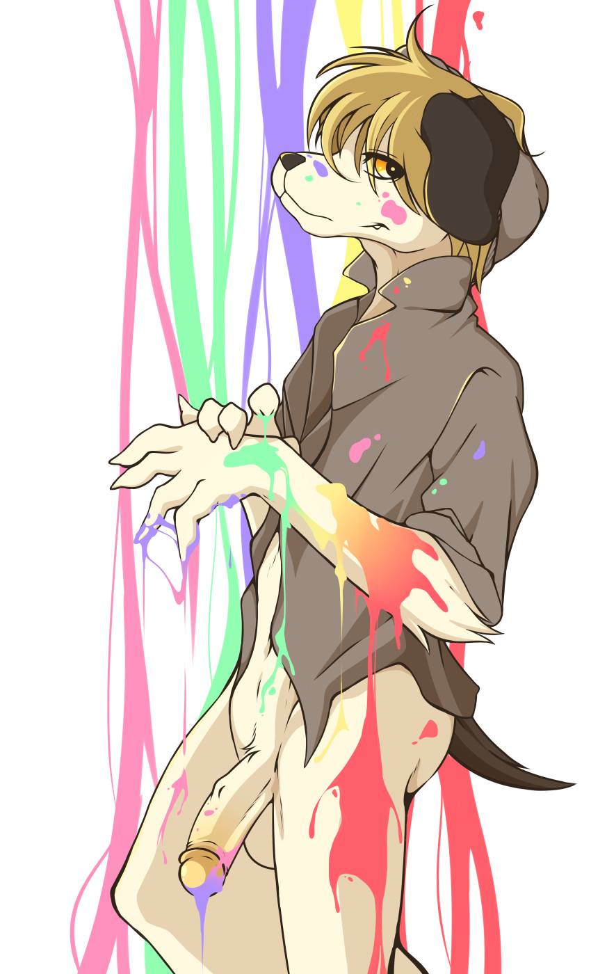 absurd_res balls blonde_hair bottomless canid canine canis clothed clothing domestic_dog fangs floppy_ears hair hat headgear headwear hi_res male mammal paint penis rainbow sagemerric shirt solo topwear