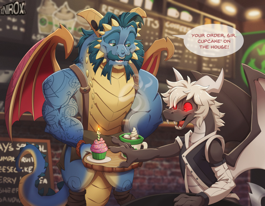 caf&eacute; conditional_dnp detailed_background dialogue dragon duo english_text facial_hair facial_piercing food gavin_(spyro) hi_res horn male membrane_(anatomy) membranous_wings muscular nose_piercing piercing red_eyes relight speech_bubble spyro_reignited_trilogy spyro_the_dragon text video_games wings xnirox