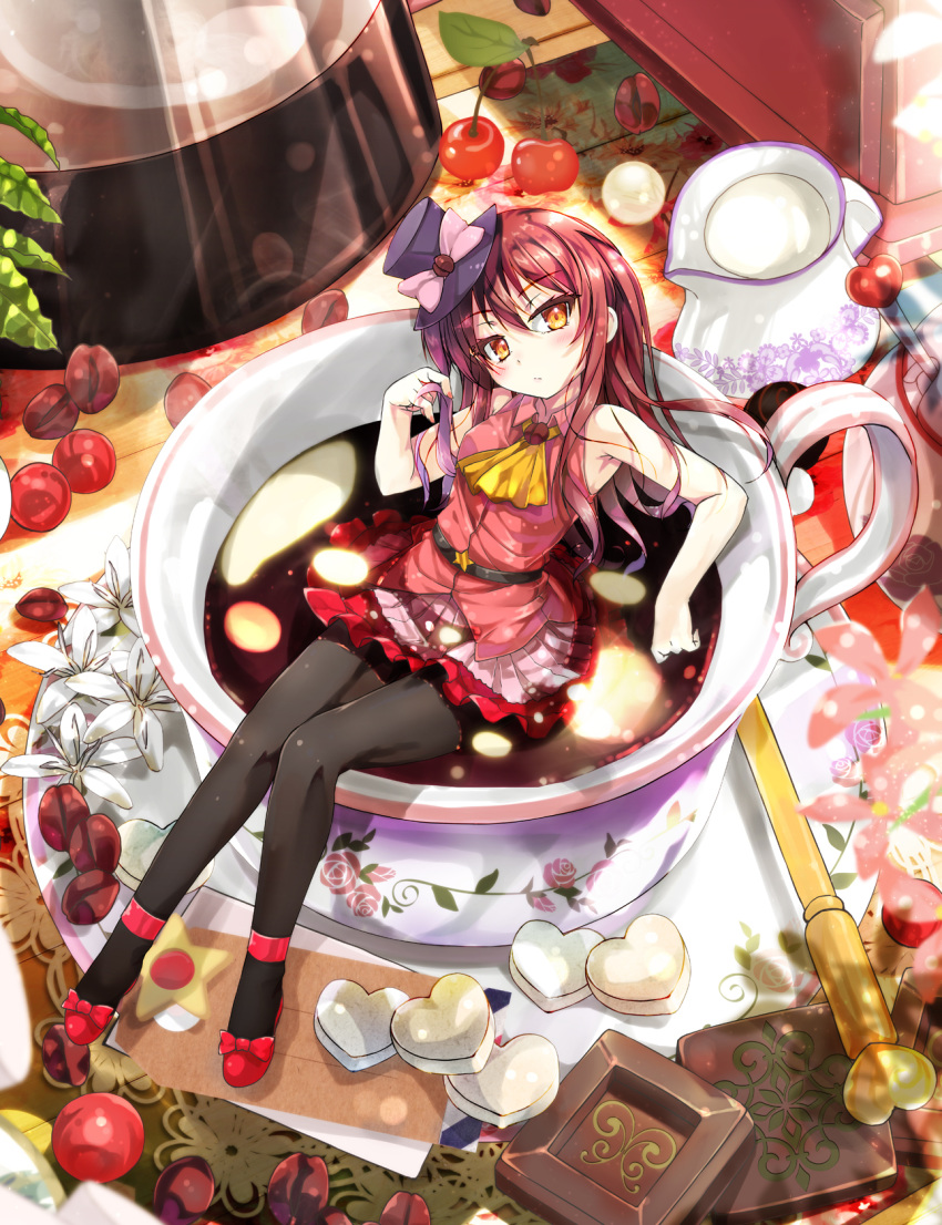 1girl ascot bare_arms bare_shoulders black_legwear bow breasts brown_eyes cafe-chan_to_break_time cafe_(cafe-chan_to_break_time) cherry chocolate coffee coffee_beans coffee_pot collared_shirt commentary_request cup fingernails food fruit gradient_hair hand_up head_tilt heart highres in_container in_cup long_hair looking_at_viewer minigirl multicolored_hair nail_polish pantyhose pink_hair pink_nails pink_shirt pleated_skirt porurin purple_skirt red_bow red_footwear red_hair saucer shirt shoes skirt sleeveless sleeveless_shirt small_breasts solo star yellow_neckwear
