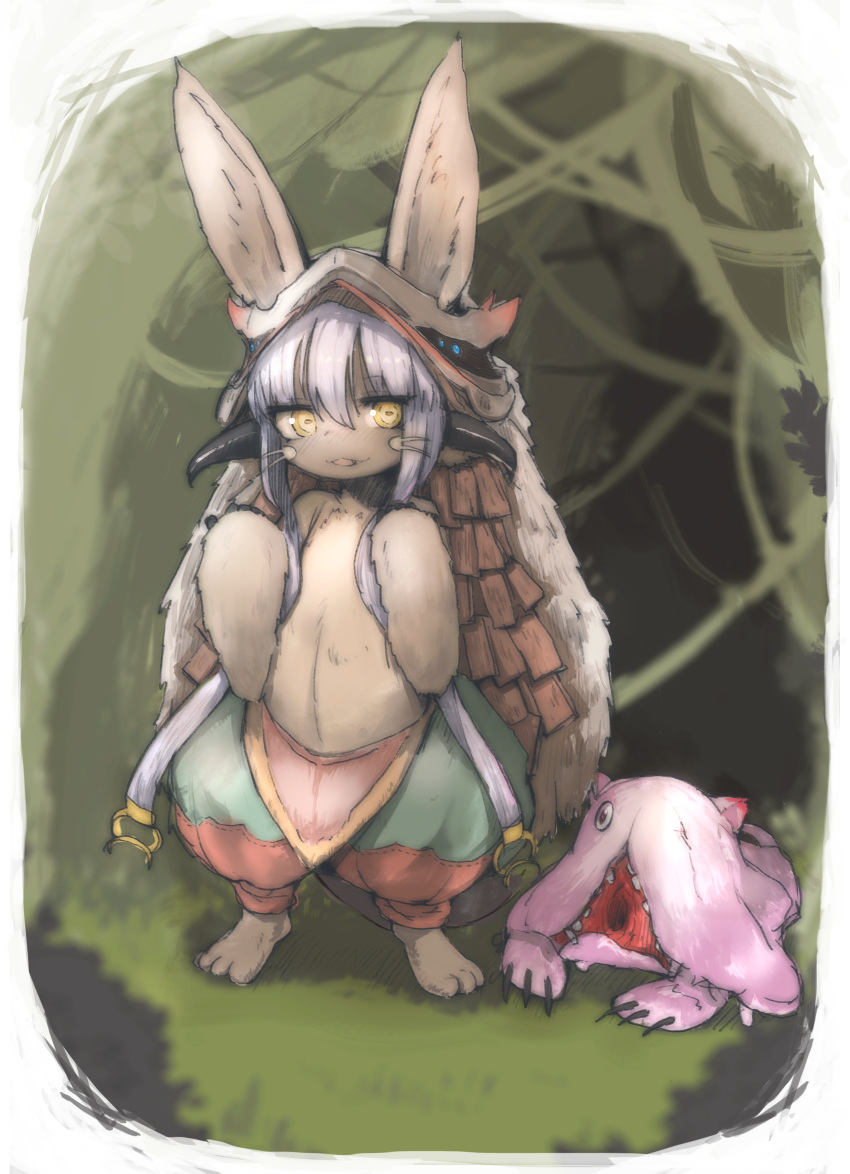 absurd_res clothing cute_fangs eyebrow_through_hair eyebrows fur hair hi_res lagomorph leporid looking_at_viewer made_in_abyss mammal mitty nanachi narehate open_mouth rabbit renol standing translucent translucent_hair