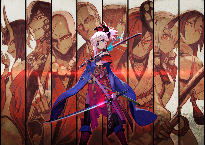 4boys 5girls :d ashiya_douman_(fate/grand_order) assassin_(fate/stay_night) bald bare_shoulders bead_necklace beads beard black_legwear blue_eyes breasts dual_wielding earrings eyepatch facial_hair fang fate/grand_order fate_(series) fingernails grin hair_over_one_eye headband hikimayu holding horns houzouin_inshun_(fate/grand_order) japanese_clothes jewelry katana kimono lack large_breasts looking_at_viewer minamoto_no_raikou_(fate/grand_order) miyamoto_musashi_(fate/grand_order) mochizuki_chiyome_(fate/grand_order) multiple_boys multiple_girls necklace off_shoulder oni open_mouth pink_hair ponytail revealing_clothes scar sharp_fingernails shuten_douji_(fate/grand_order) small_breasts smile sword thighhighs tomoe_gozen_(fate/grand_order) weapon yagyuu_munenori_(fate/grand_order)